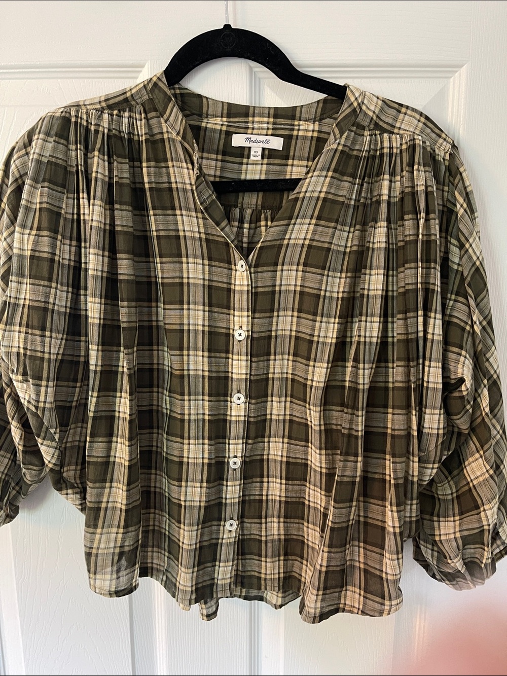 Madewell Olive & Cream Plaid Button-Front Blouse